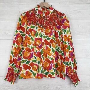 NWT Fate Floral Smocked Yoke Blouse S Long Balloon Sleeve High Neck Top Colorful